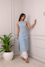 Load image into Gallery viewer, Classic Light Blue Kantha Cotton Printed  Kurti Top(Top Only)
