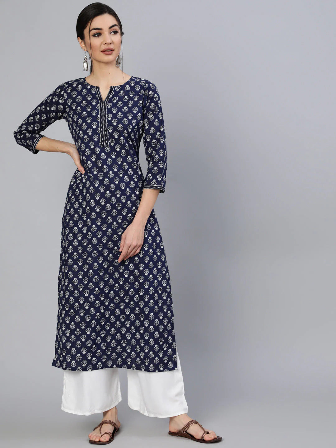 Navy Blue  Ethnic Printed Cotton Kurti Top(Top Only)