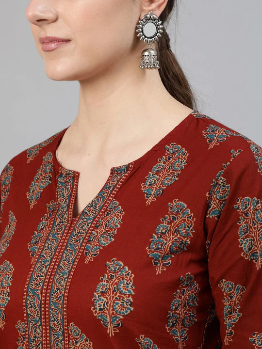 Maroon Navy Blue  Ethnic Printed Kurti Top