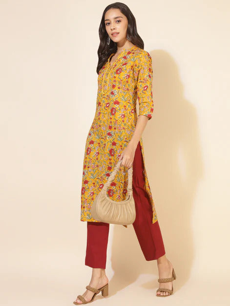 Cotton Mustard Yellow Maroon Floral printed Kurti Top (Top Only)