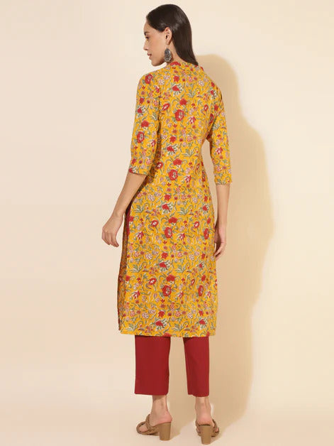 Cotton Mustard Yellow Maroon Floral printed Kurti Top (Top Only)