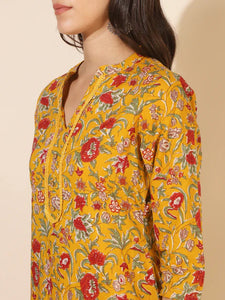 Cotton Mustard Yellow Maroon Floral printed Kurti Top (Top Only)