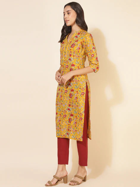 Cotton Mustard Yellow Maroon Floral printed Kurti Top (Top Only)