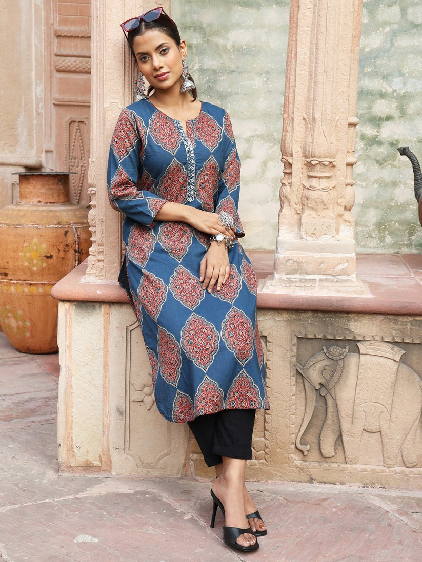 Denim Blue & Maroon printed Soft cotton kurti top with mirror datailing(Top Only)