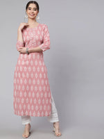 Load image into Gallery viewer, Pink &amp; White Floral Printed Cotton Kurti Top
