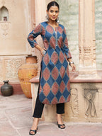Denim Blue & Maroon printed Soft cotton kurti top with mirror datailing(Top Only)
