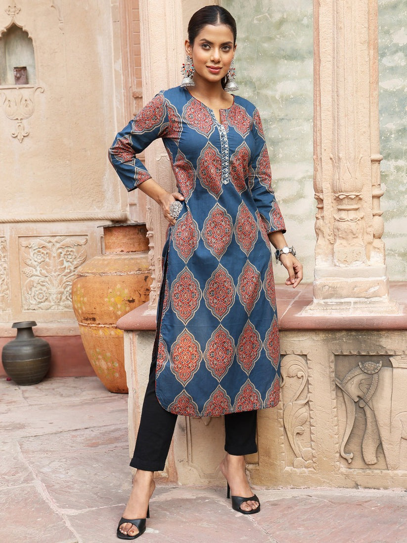 Denim Blue & Maroon printed Soft cotton kurti top with mirror datailing(Top Only)