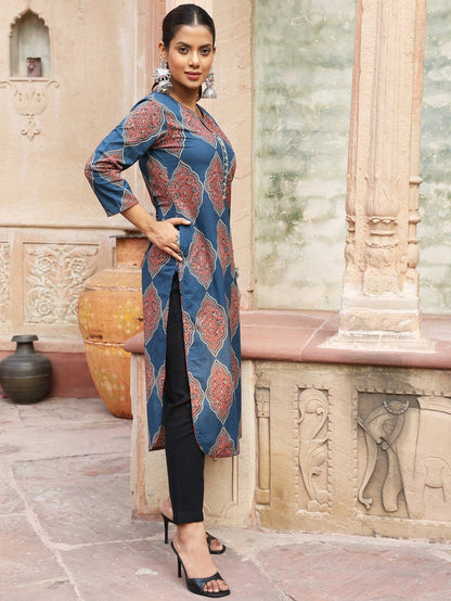 Denim Blue & Maroon printed Soft cotton kurti top with mirror datailing(Top Only)