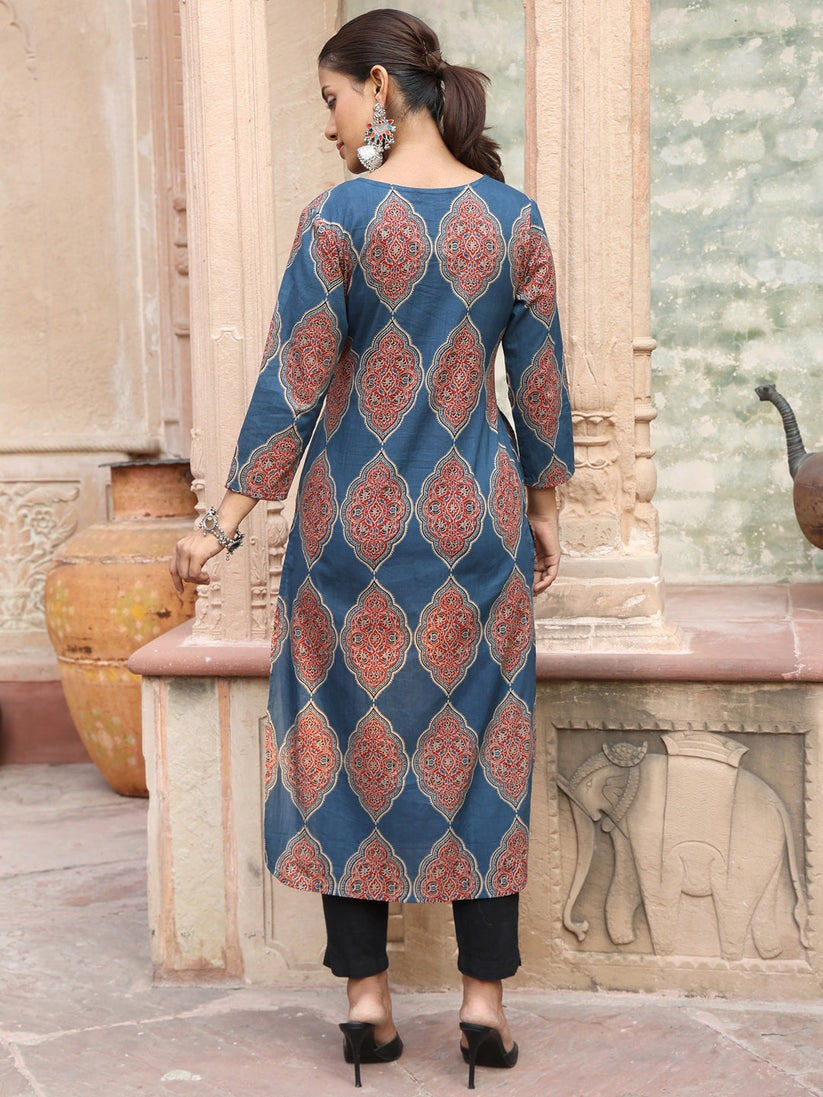 Denim Blue & Maroon printed Soft cotton kurti top with mirror datailing(Top Only)
