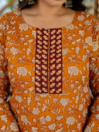 Mustard Floral Printed Pure Cotton Kurta Palazzo Set With Dupatta