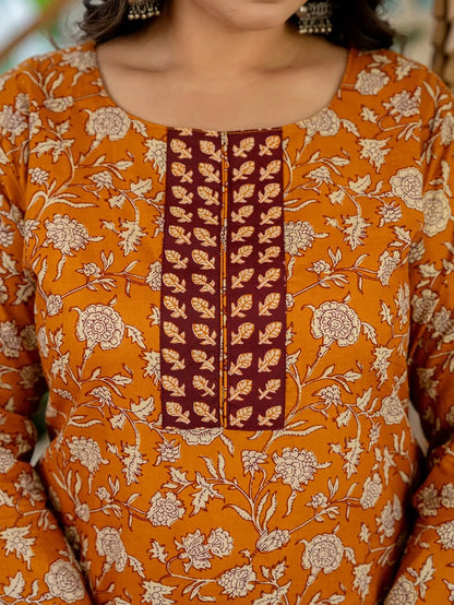 Mustard Floral Printed Pure Cotton Kurta Palazzo Set With Dupatta