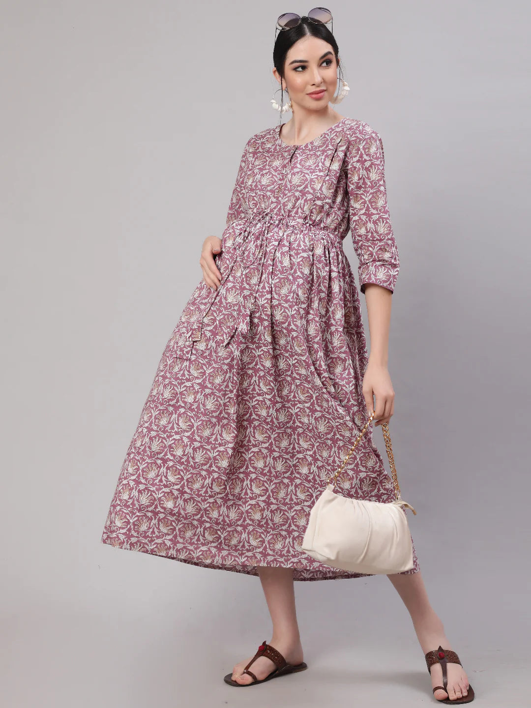 Lavender printed Cotton Maternity Dress
