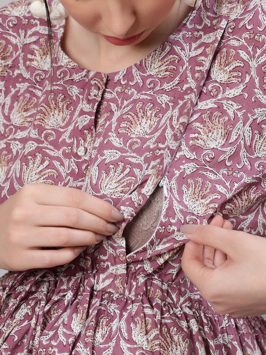 Lavender printed Cotton Maternity Dress