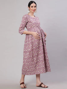 Lavender printed Cotton Maternity Dress
