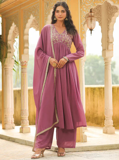 Lavender Georgette Floral Embroidered Kurta Palazzo with Dupatta set