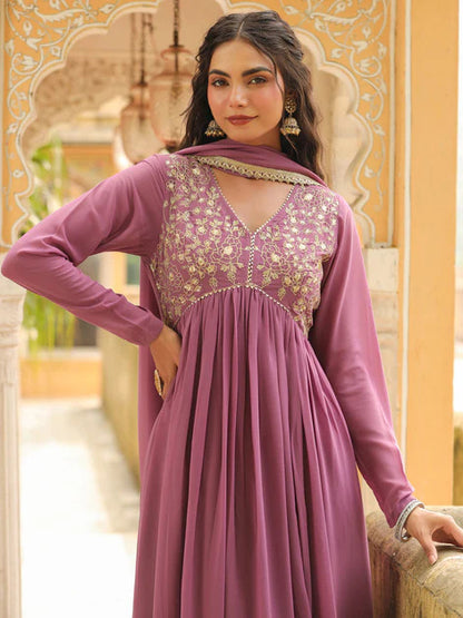 Lavender Georgette Floral Embroidered Kurta Palazzo with Dupatta set