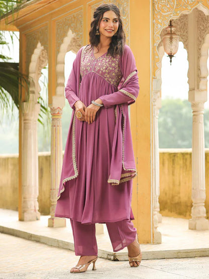 Lavender Georgette Floral Embroidered Kurta Palazzo with Dupatta set