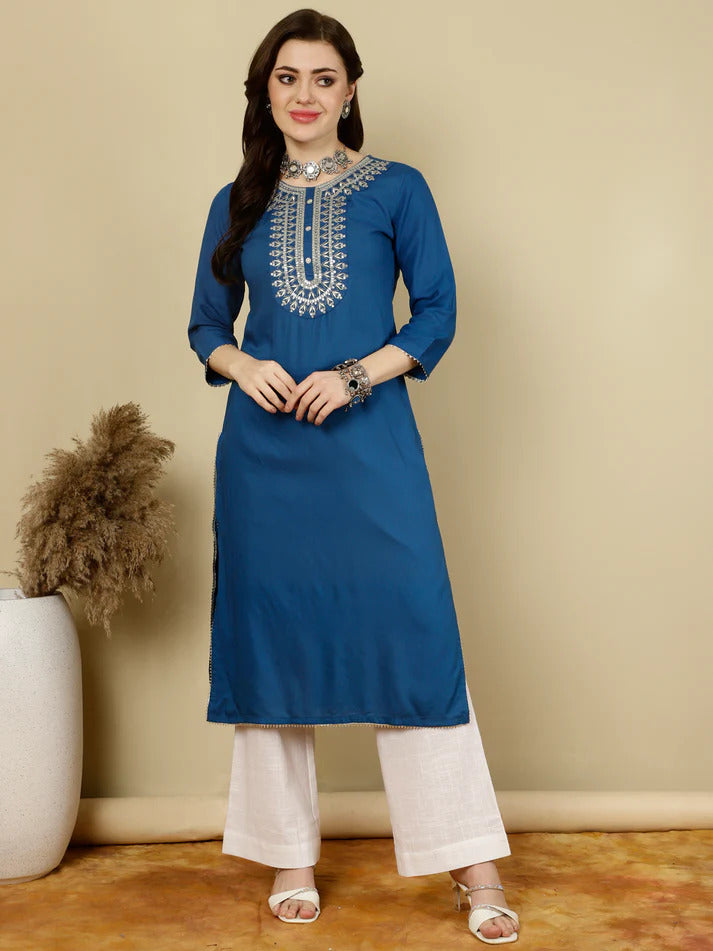 Blue Rayon Kurti Top With Embroidery on Yoke (Top Only)
