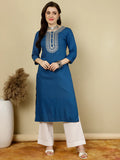 Blue Rayon Kurti Top With Embroidery on Yoke (Top Only)