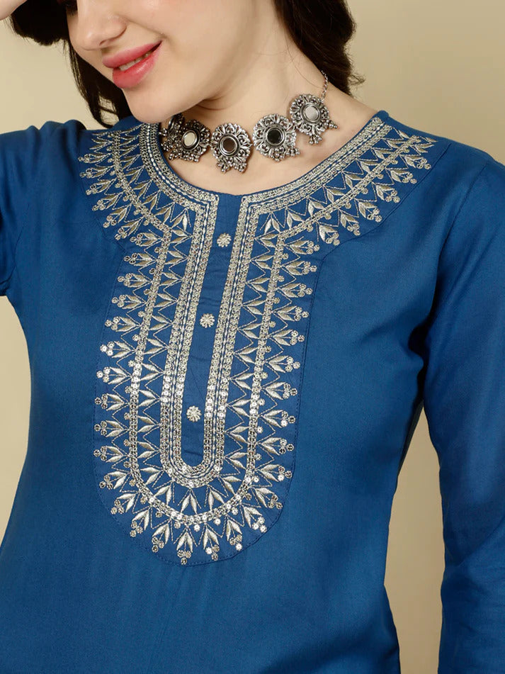 Blue Rayon Kurti Top With Embroidery on Yoke (Top Only)