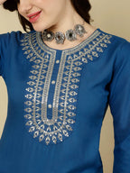 Blue Rayon Kurti Top With Embroidery on Yoke (Top Only)