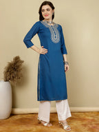 Blue Rayon Kurti Top With Embroidery on Yoke (Top Only)