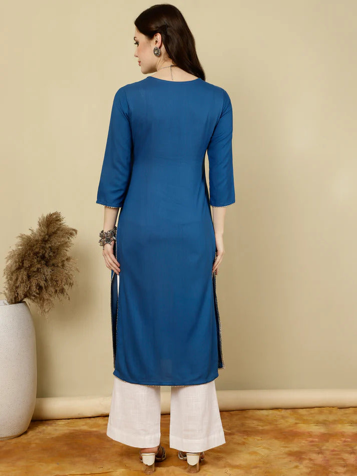 Blue Rayon Kurti Top With Embroidery on Yoke (Top Only)