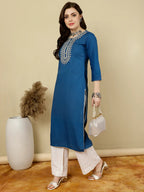 Blue Rayon Kurti Top With Embroidery on Yoke (Top Only)