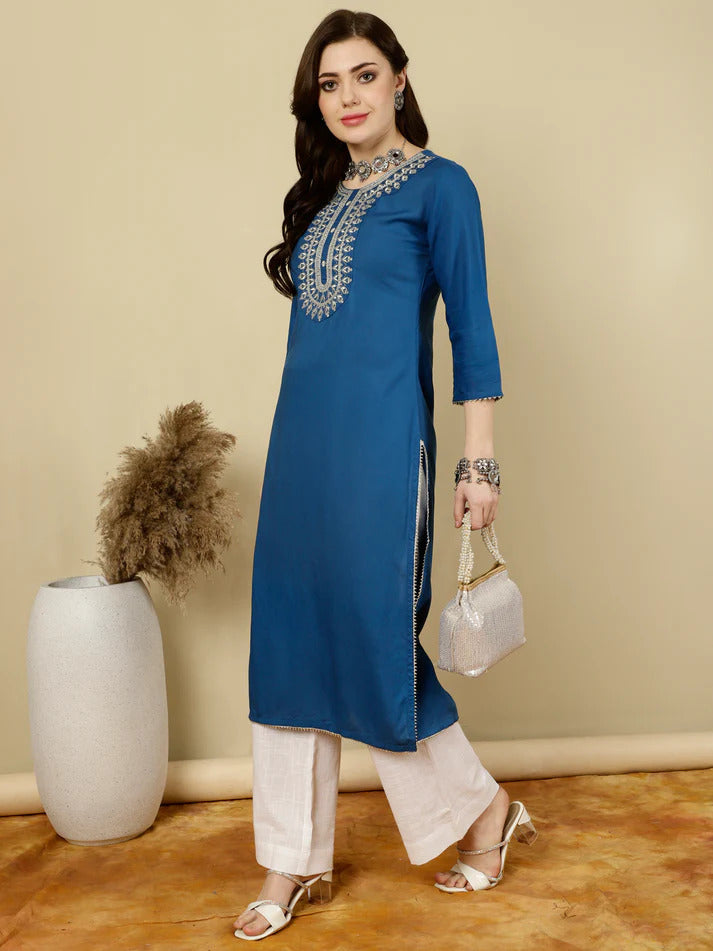 Blue Rayon Kurti Top With Embroidery on Yoke (Top Only)