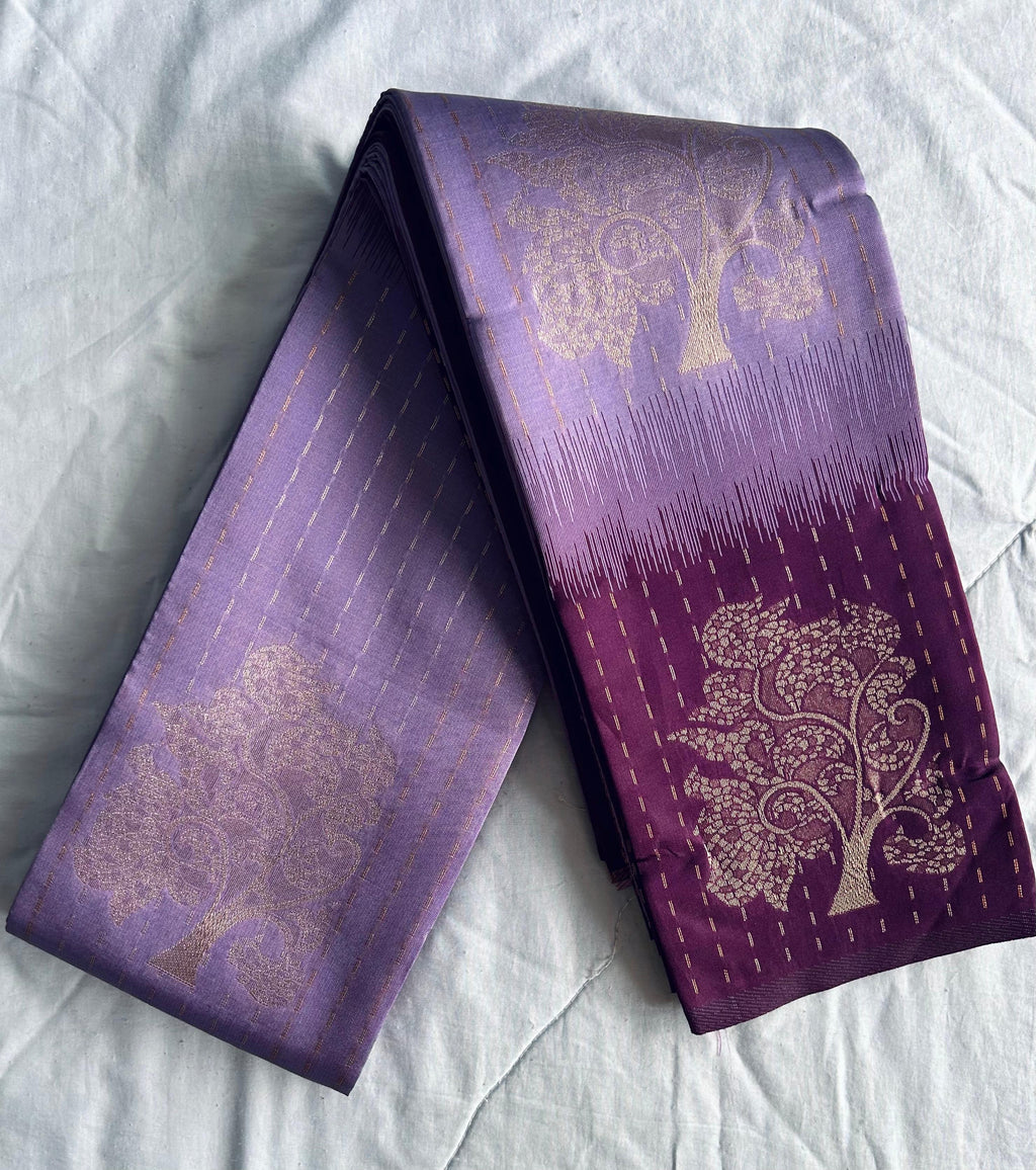 Silver Copper Zari Woven Motifs & Stripes Semi Silk Saree with Contrast Border