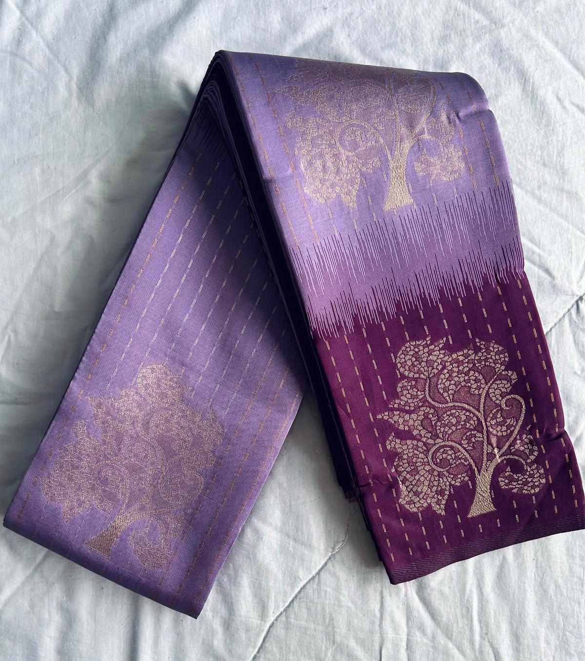 Silver Copper Zari Woven Motifs & Stripes Semi Silk Saree with Contrast Border