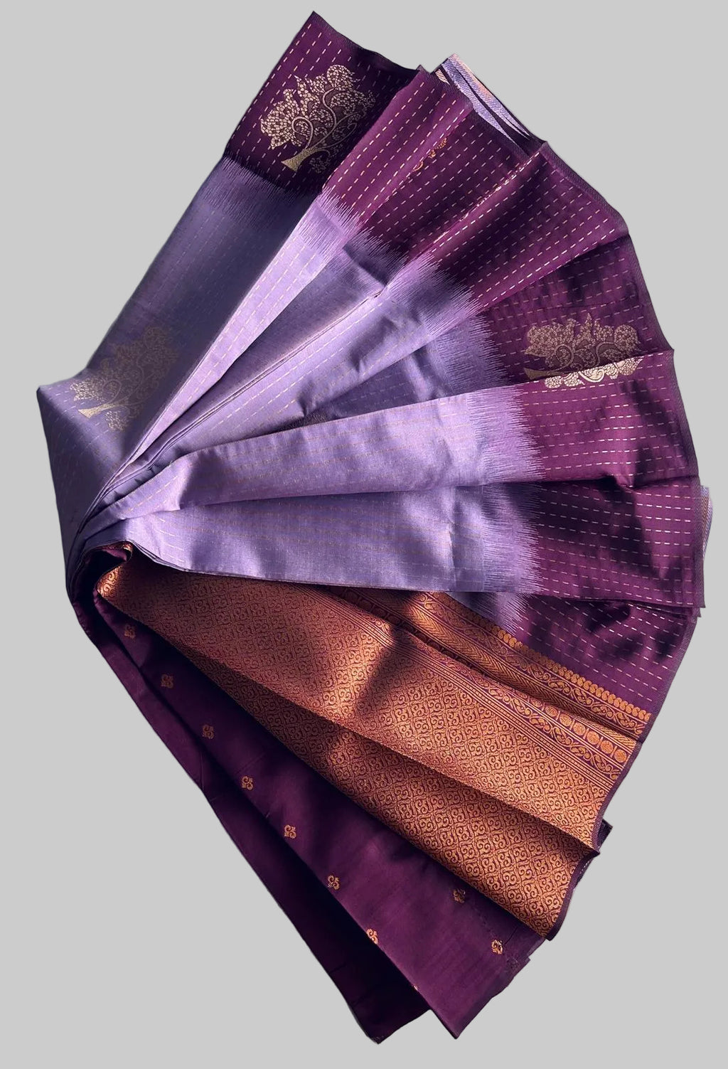 Silver Copper Zari Woven Motifs & Stripes Semi Silk Saree with Contrast Border