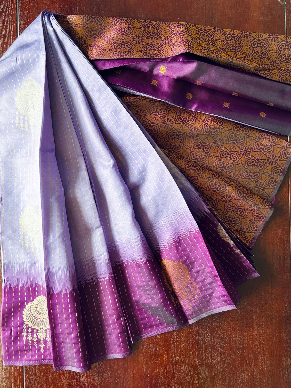 Silver Copper Zari Woven Motifs & Stripes Semi Silk Saree with Contrast Border