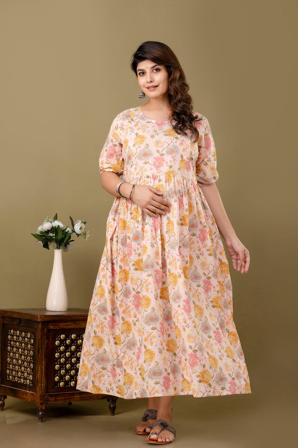 Pink Floral printed Cotton Maternity Dress