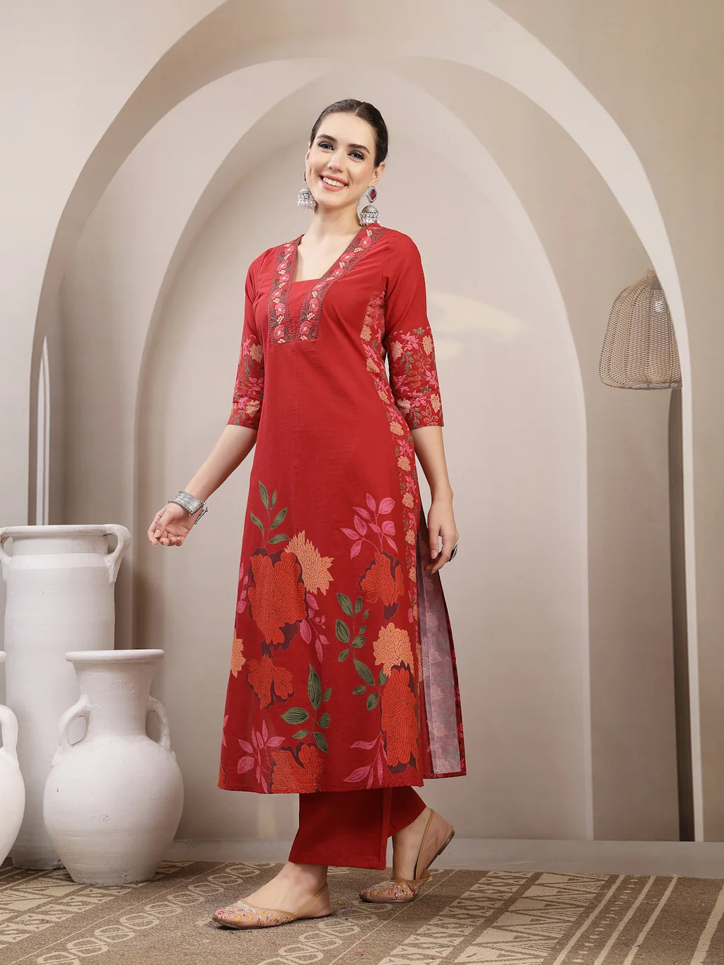 Red Printed Embroidered Rayon Kurti Palazzo Set