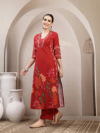 Red Printed Embroidered Rayon Kurti Palazzo Set