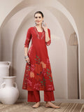 Red Printed Embroidered Rayon Kurti Palazzo Set