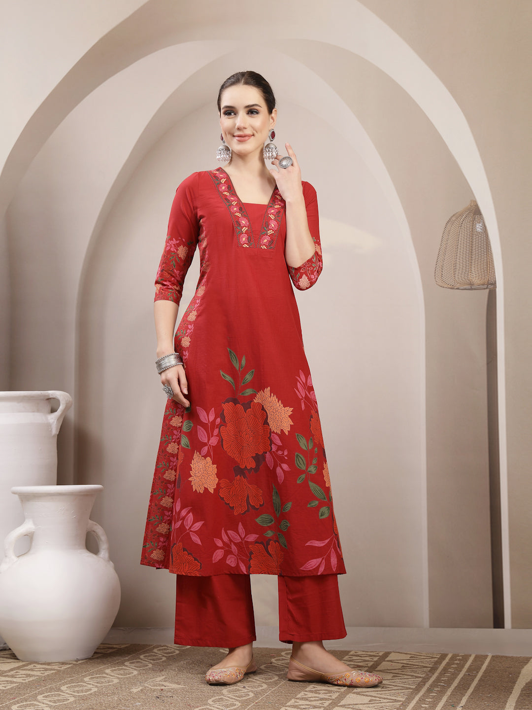 Red Printed Embroidered Rayon Kurti Palazzo Set
