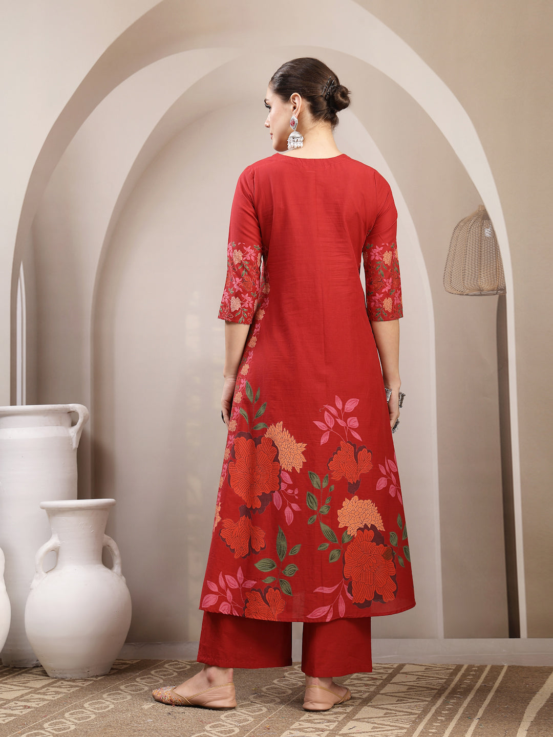 Red Printed Embroidered Rayon Kurti Palazzo Set