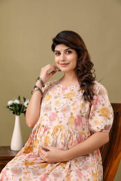 Pink Floral printed Cotton Maternity Dress