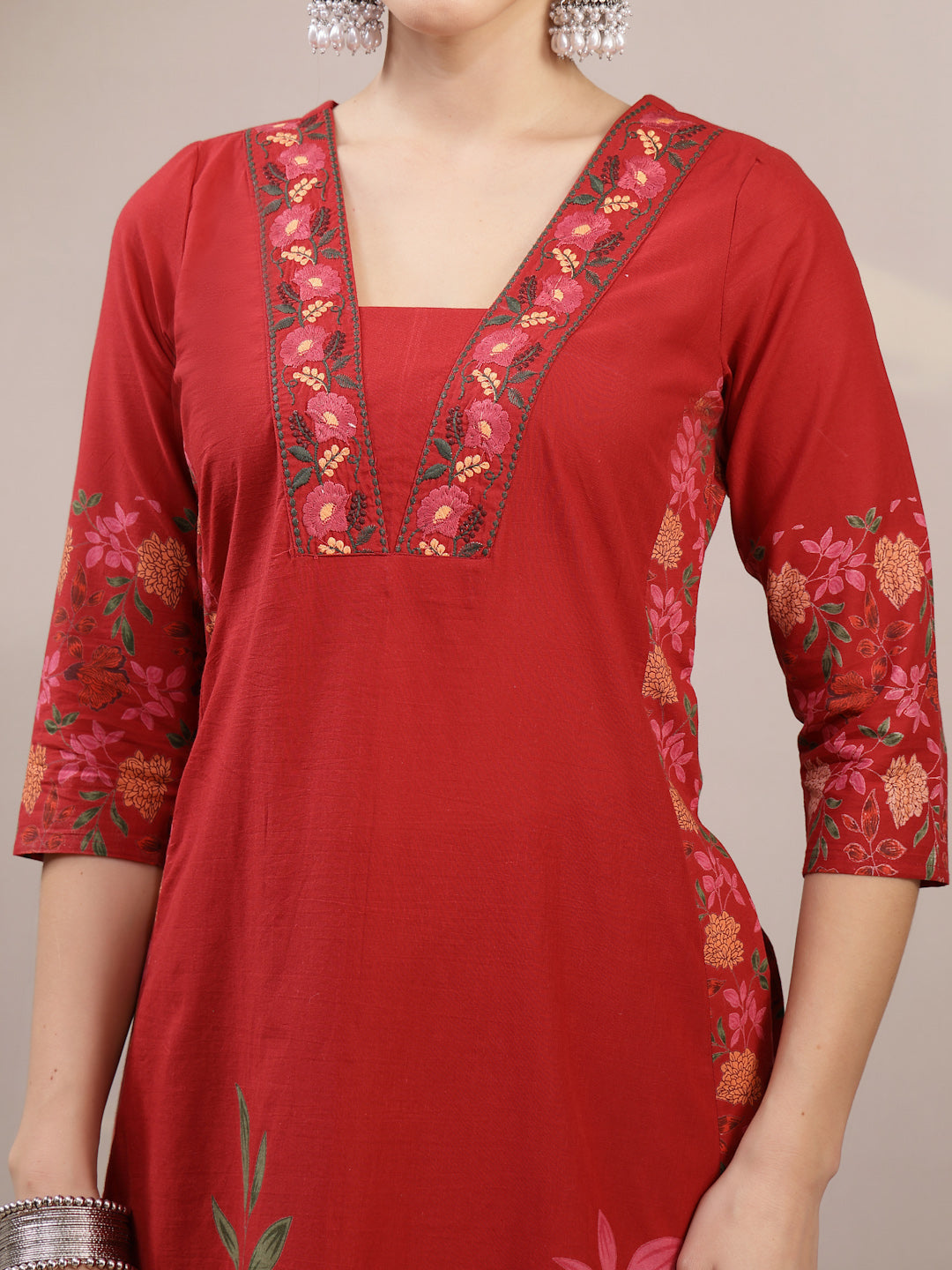 Red Printed Embroidered Rayon Kurti Palazzo Set