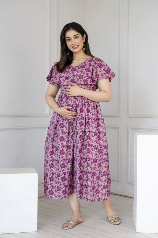 Purple Floral printed Cotton Maternity Dress