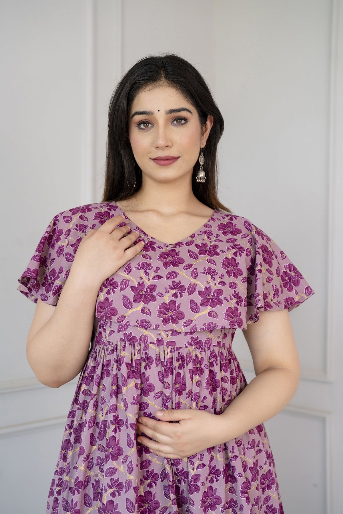 Purple Floral printed Cotton Maternity Dress