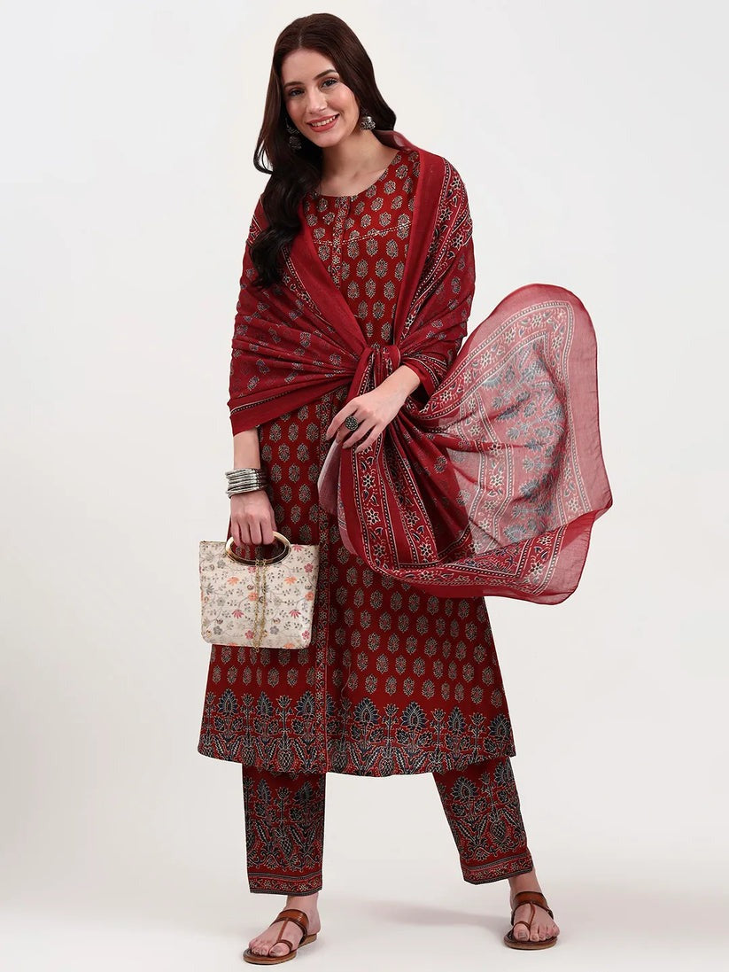Maroon Cotton Anarkali kurti Palazzo set with dupatta