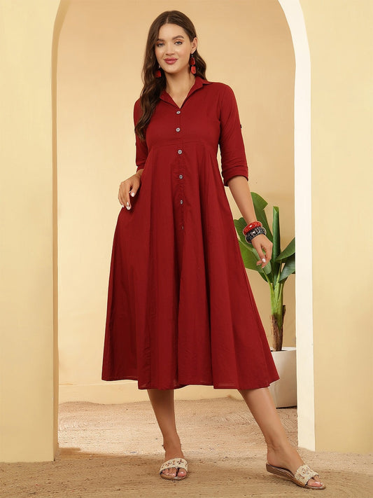 Solid Maroon Cotton Dress