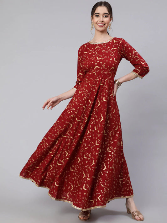 Maroon & Gold  Flared Full Length Dress