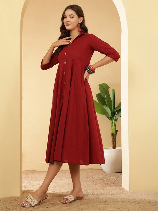 Solid Maroon Cotton Dress