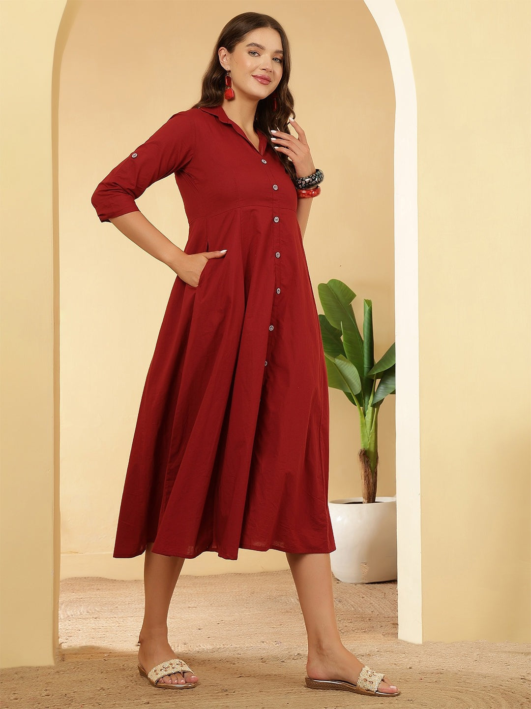 Solid Maroon Cotton Dress