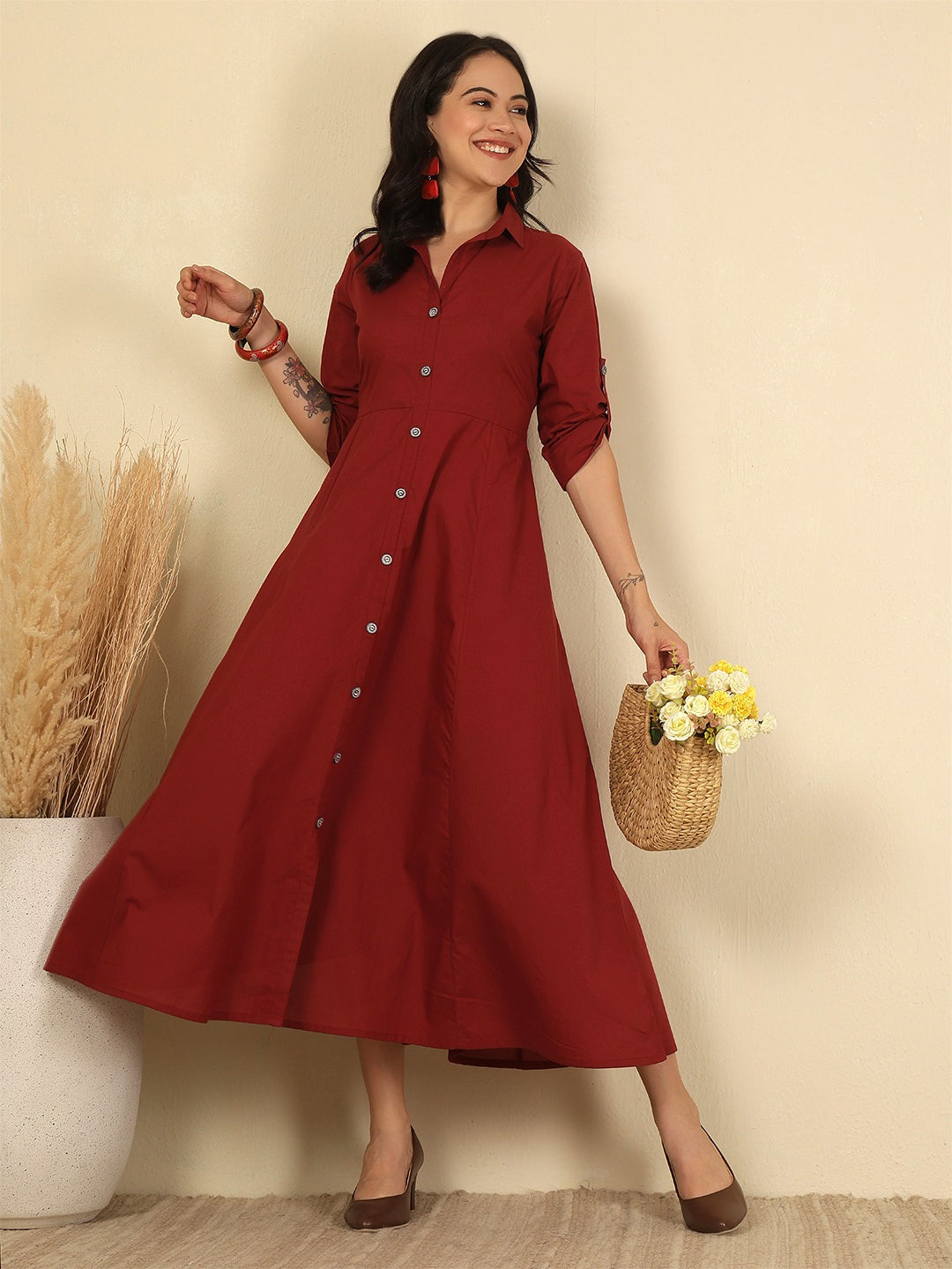 Solid Maroon Cotton Dress
