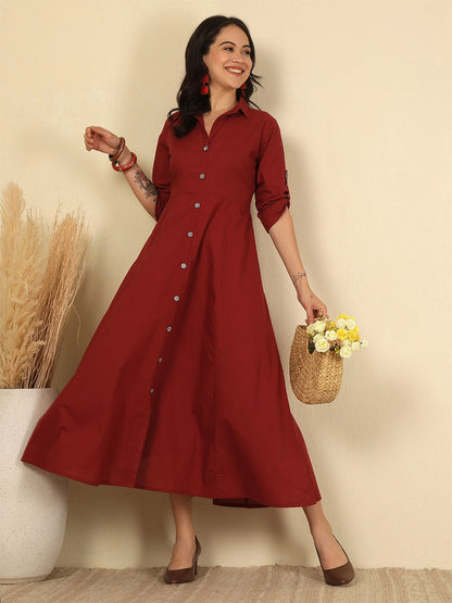 Solid Maroon Cotton Dress